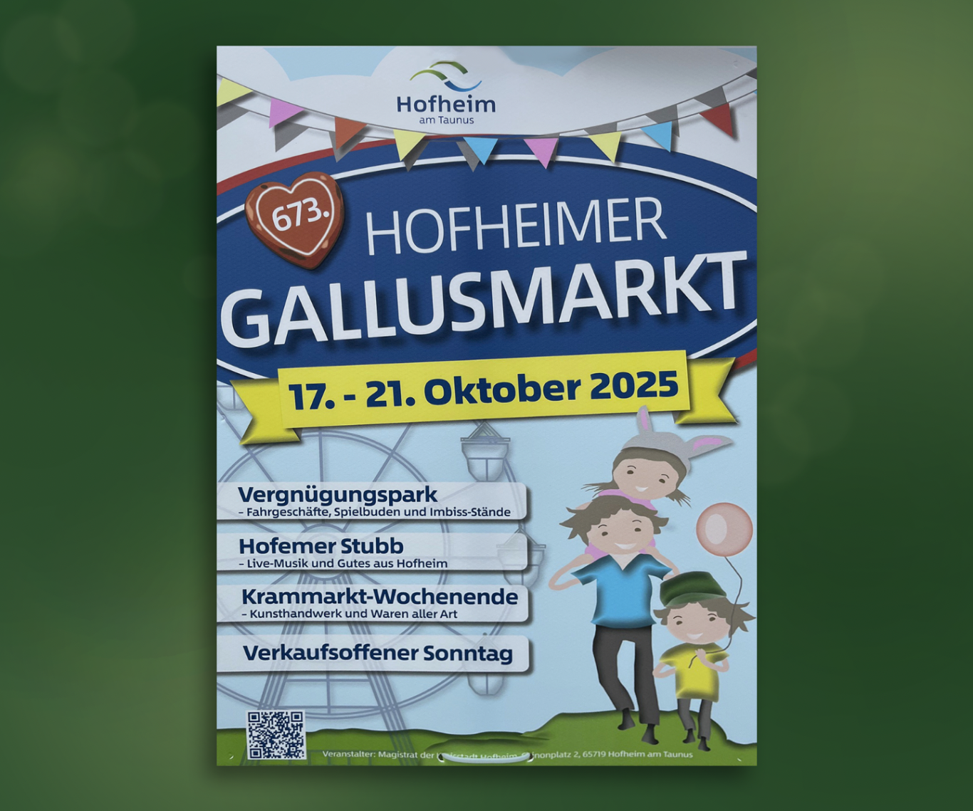Plakat für den Hofheimer Gallusmarkt vom 17. bis 21. Oktober 2025 mit bunten Dekorationen.