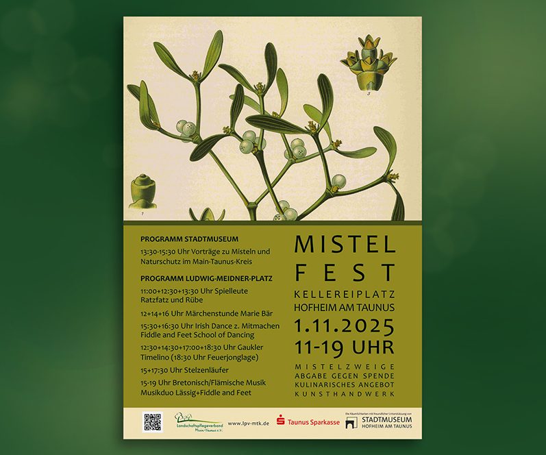 Plakat für das Hofheimer Mistelfest am 01.11.2025 mit bunten Dekorationen.